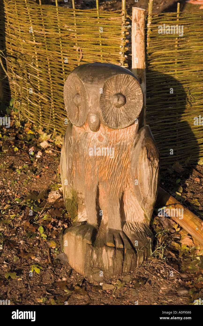 aus Holz geschnitzte Eule Holz schnitzen Vogel Handwerkskunst bewaldet die Seenlandschaften Pfeil Tal parken Redditch Worcestershire die Midl Stockfoto