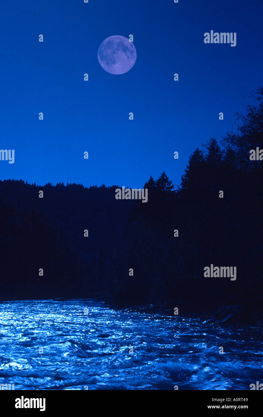 Vollmond und Mondschein am Fluss Martins Rapids McKenzie River Oregon 159675 Stockfoto