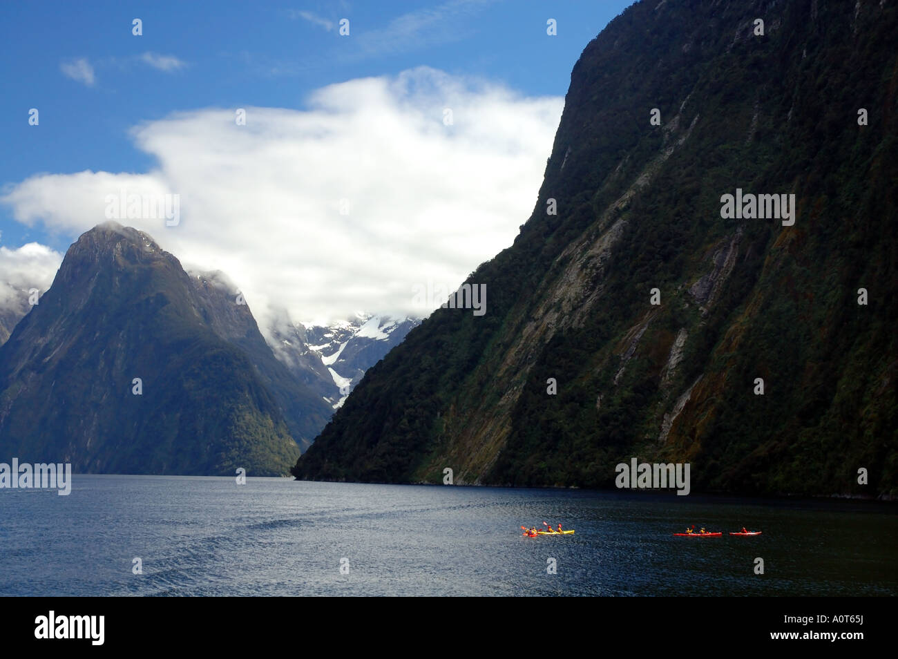Meer Kajakfahrer in prächtigen Milford Sound Fiordland-Nationalpark in Neuseeland Stockfoto