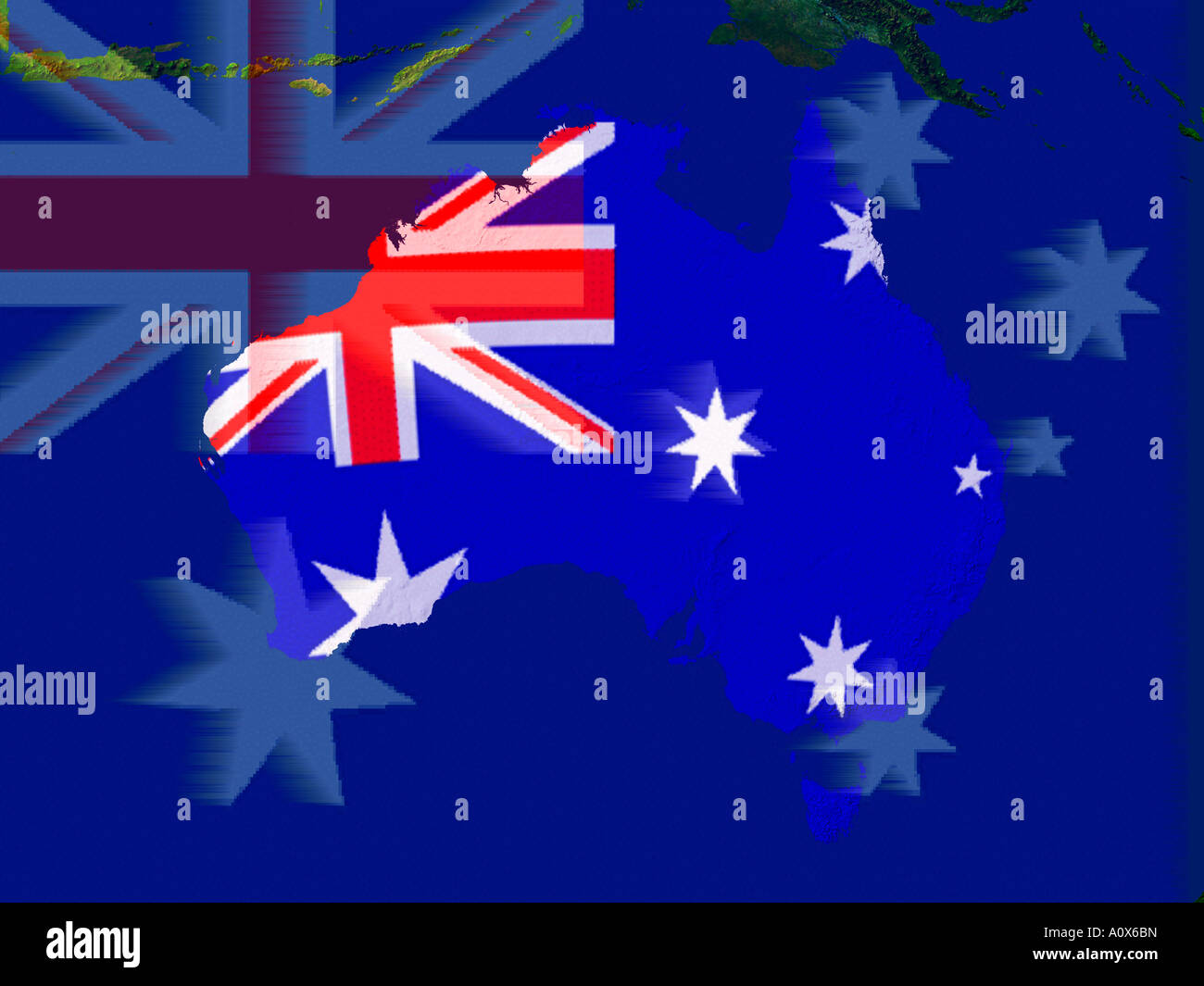 Satellitenbild von Australien mit der Regionen Flagge abdecken Stockfoto