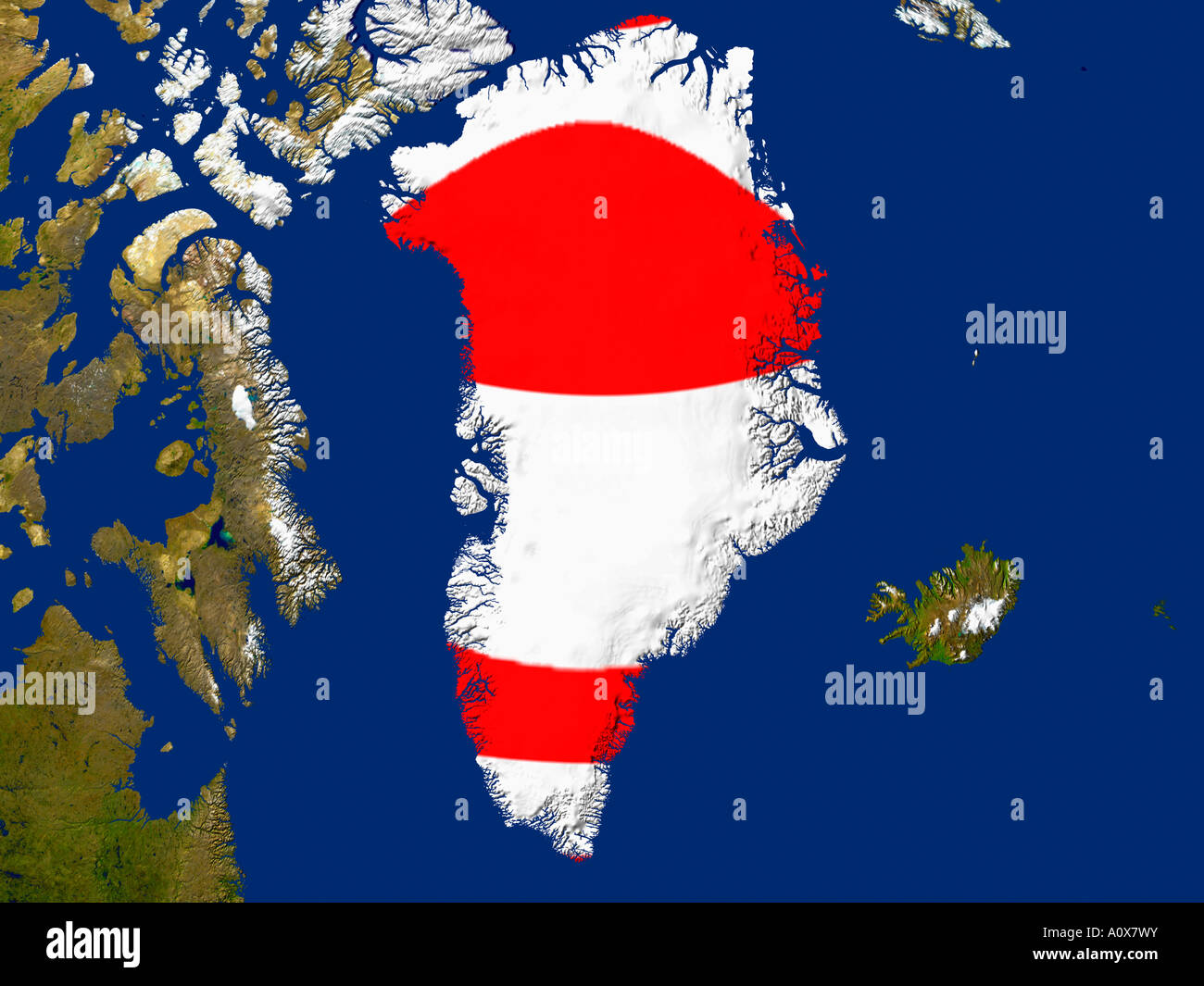 Satelliten-Bild von Grönland abgedeckt durch die Landesflagge Stockfoto