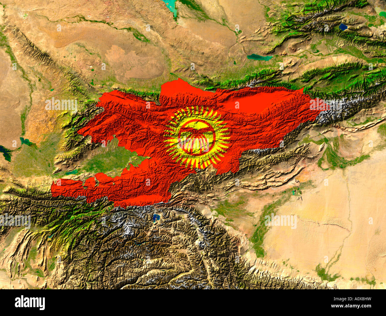 Satelliten-Bild von Kirgisistan abgedeckt durch die Landesflagge Stockfoto
