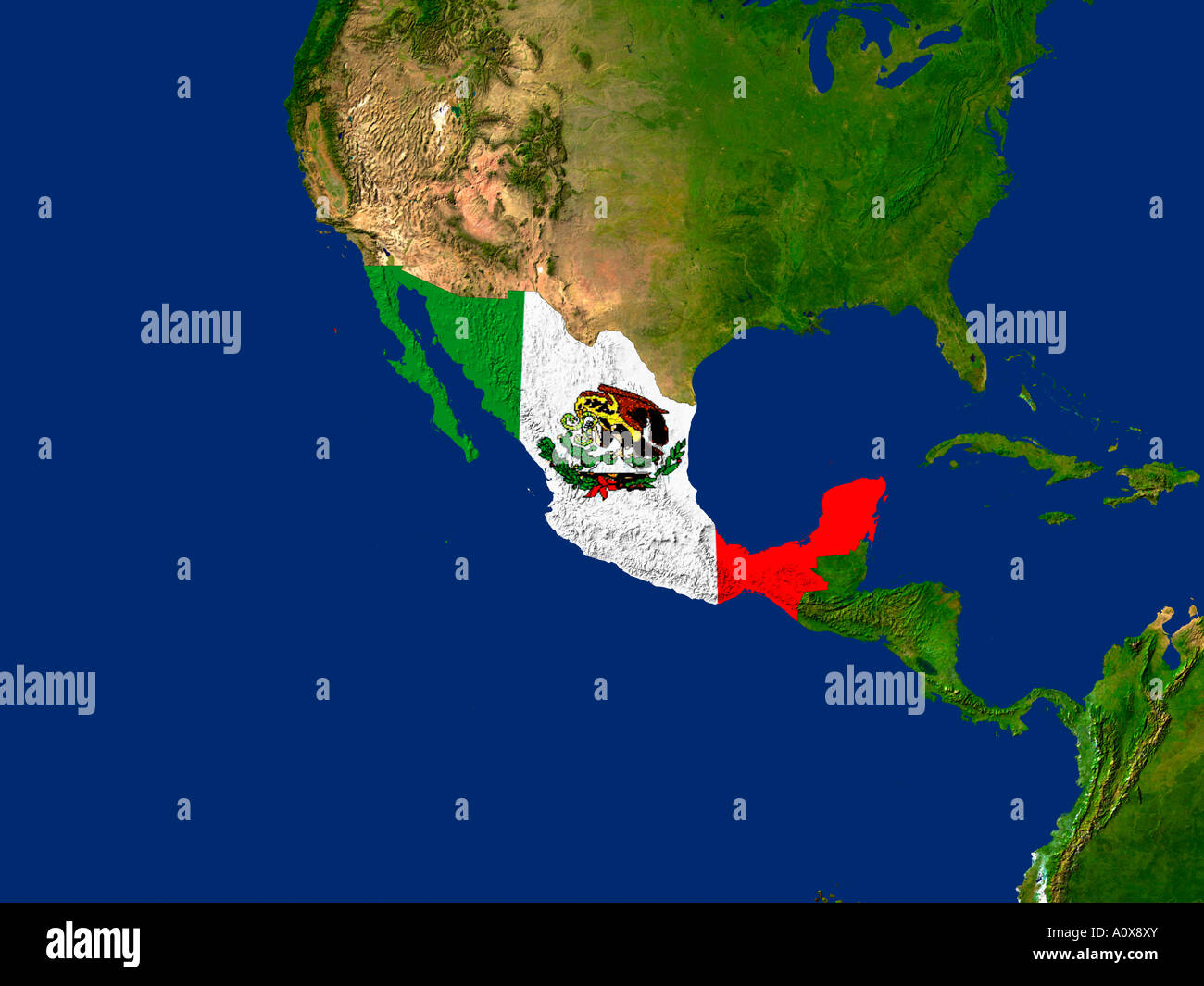 Satelliten-Bild von Mexiko bedeckt durch die Landesflagge Stockfoto
