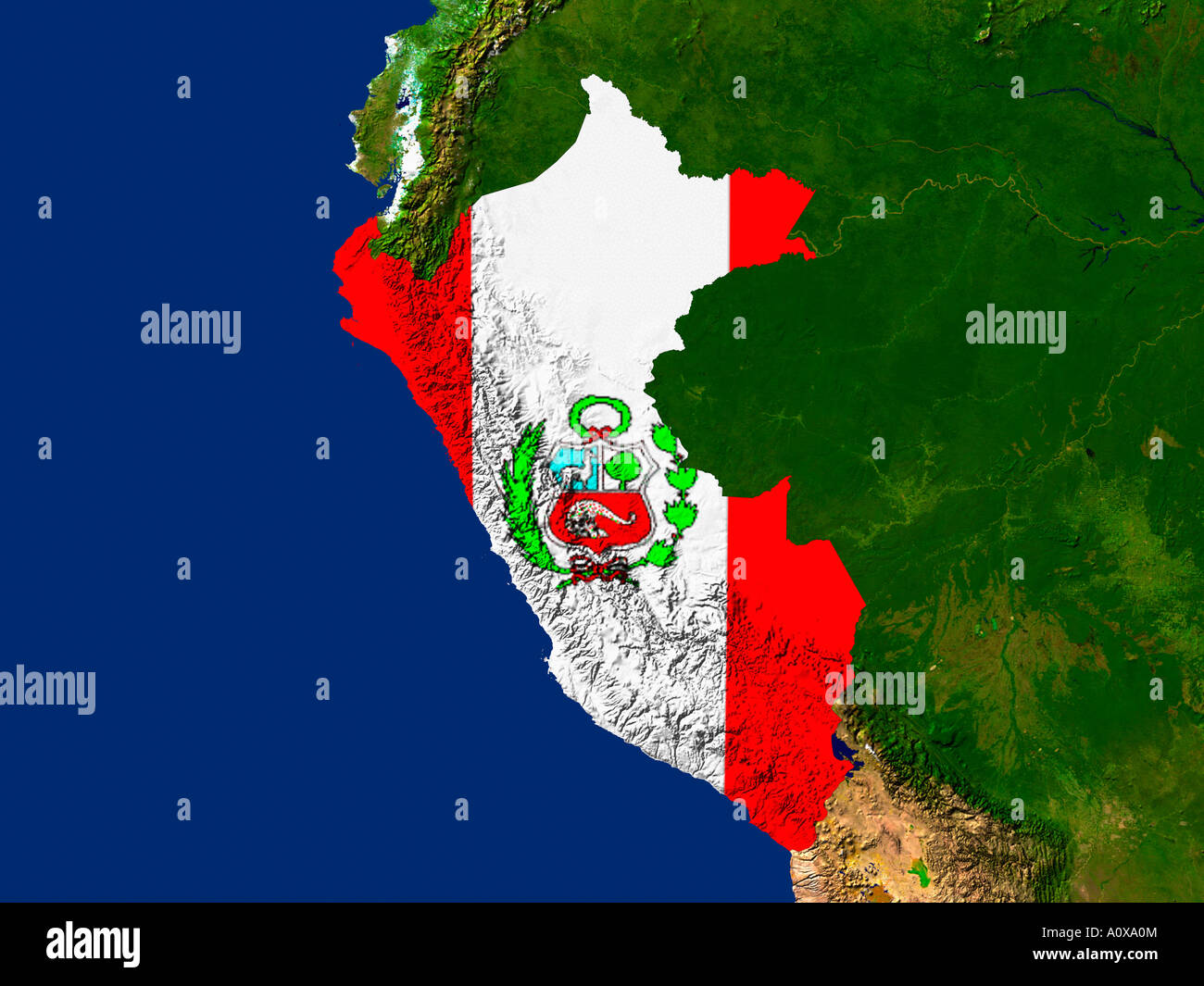 Satelliten-Bild von Peru abgedeckt durch die Landesflagge Stockfoto