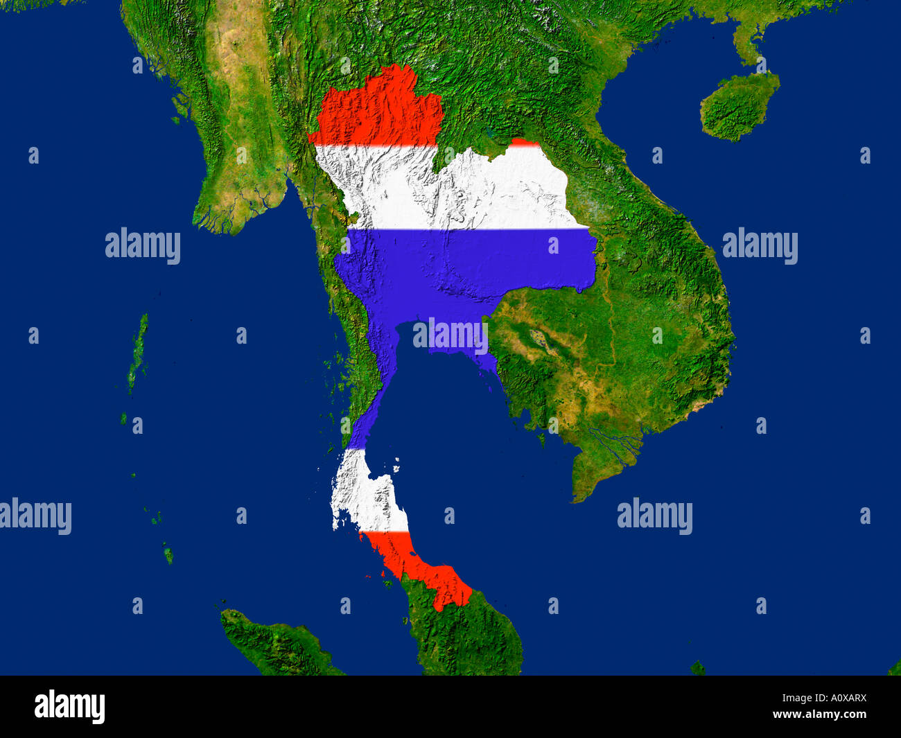 Satelliten-Bild von Thailand bedeckt durch die Landesflagge Stockfoto