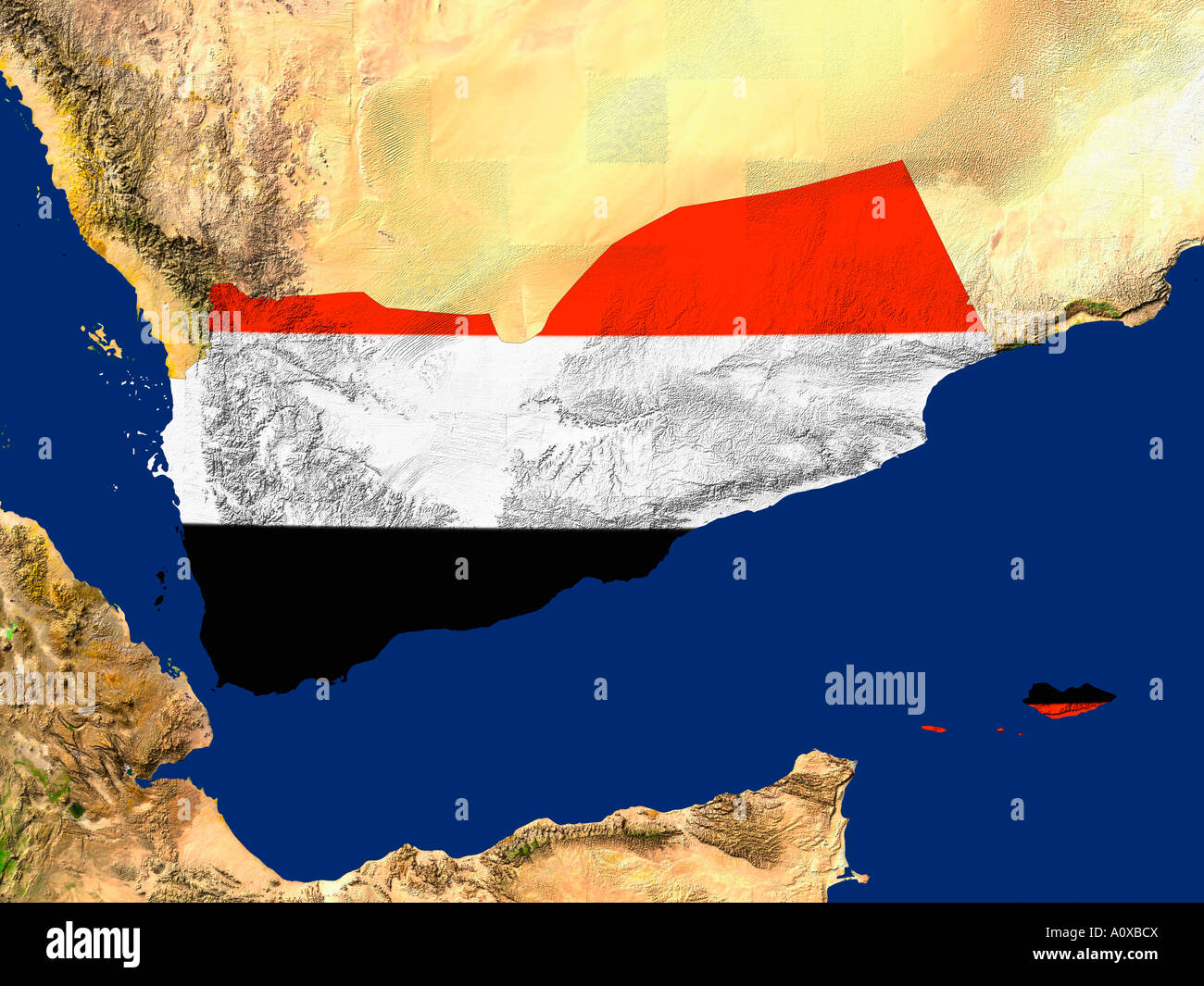 Markierten Satelliten Bild des Jemen abgedeckt durch die Landesflagge Stockfoto