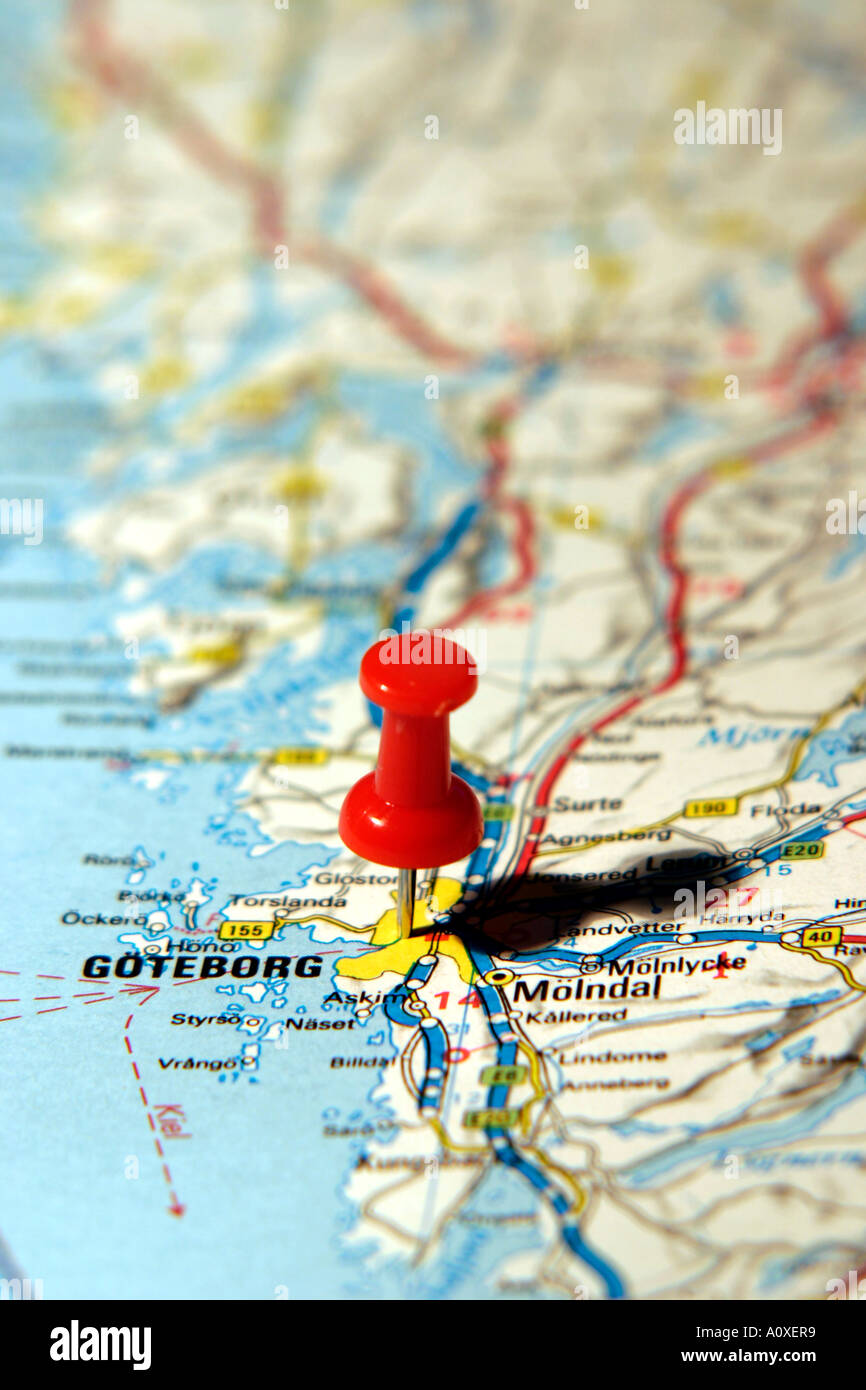 Karte-Pin zeigt nach Göteborg, Schweden auf einer Straßenkarte Stockfoto