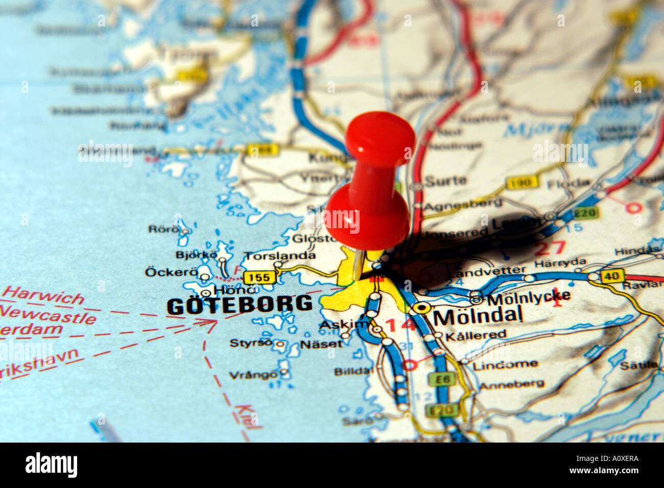 Karte-Pin zeigt nach Göteborg, Schweden auf einer Straßenkarte Stockfoto