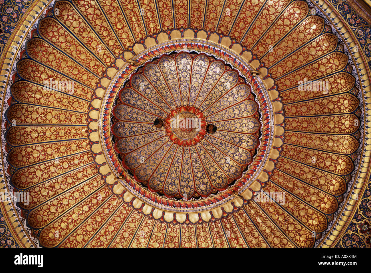 Detail der exquisit und fein vergoldete gewölbte Decke in der öffentlichen Empfangshalle Kuchaman Fort Kuchaman Rajasthan Zustand Stockfoto