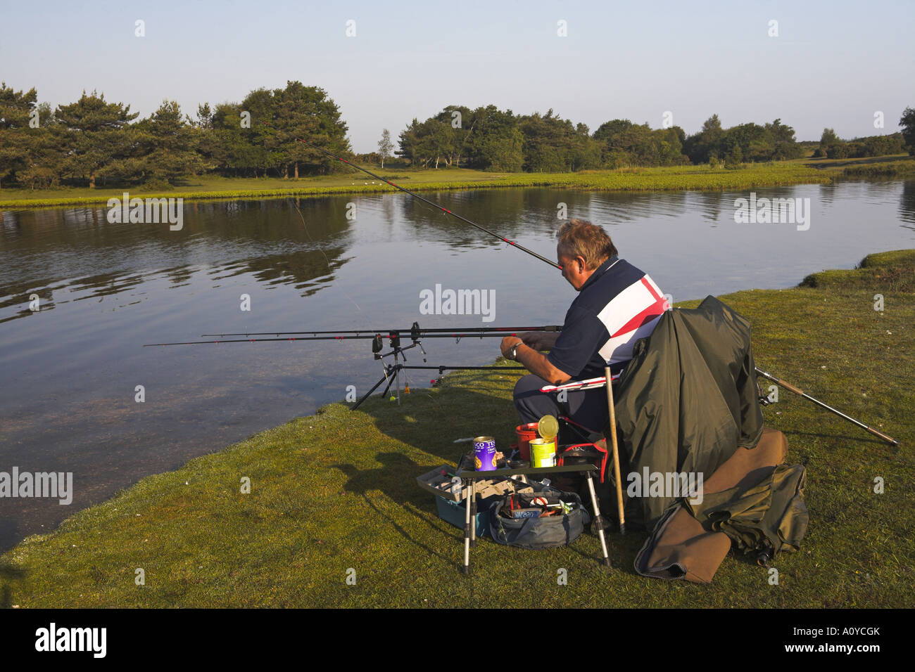 Ein Fischer am frühen Morgen am Beil Teich Beaulieu Heath einrichten Stockfoto