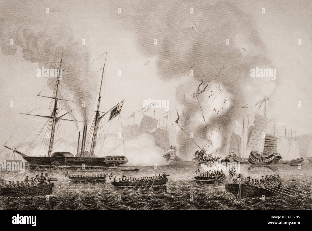 Der Herr Abgeordnete Osten Indiens Unternehmen Dampfgarer Nemesis zerstören Chinesische Dschunken, Anson's Bay, Tasmania, 1841 In der zweiten Schlacht von Chuenpi. Stockfoto