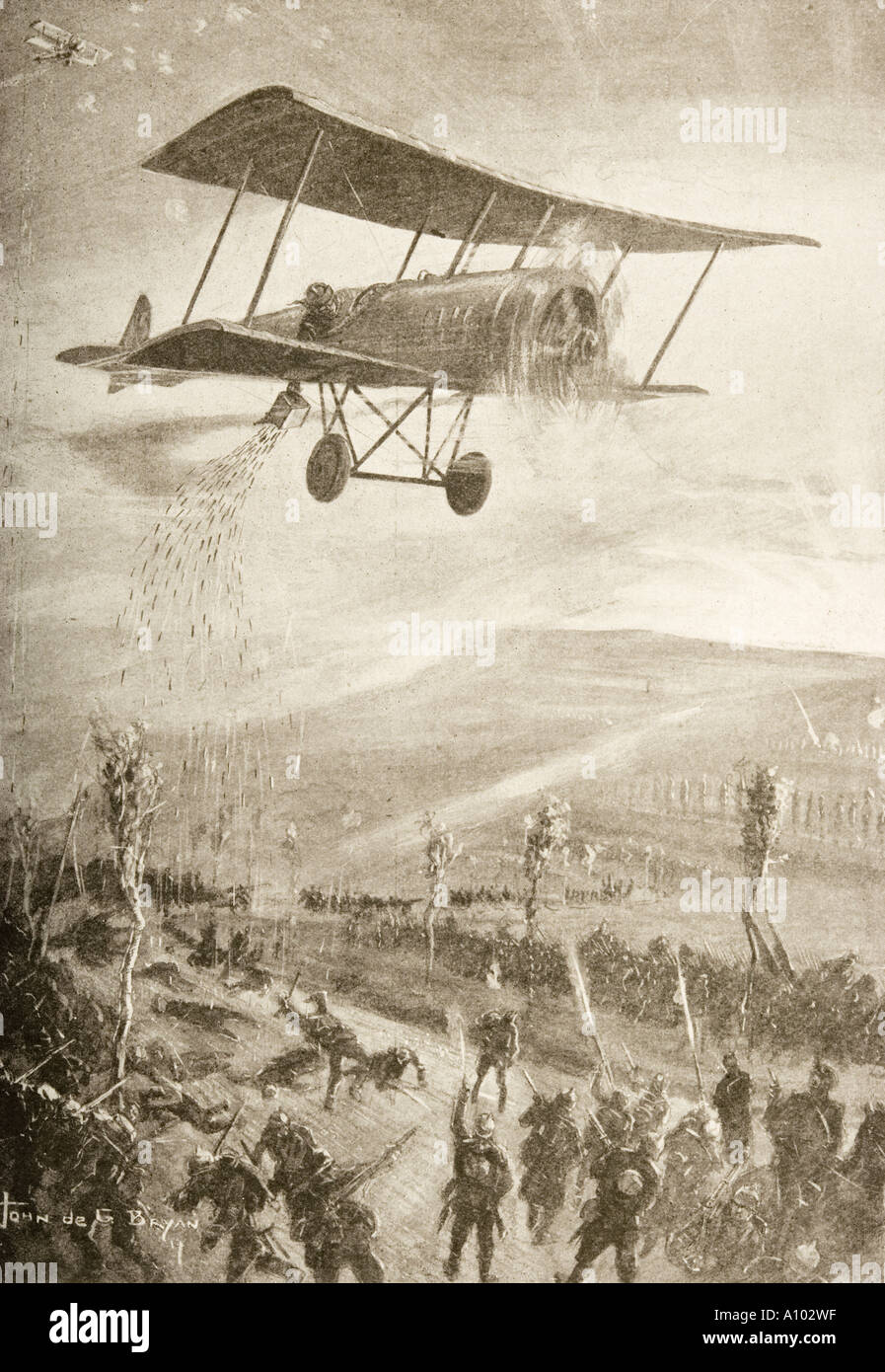 Ersten Weltkrieg Terror Waffe.  Doppeldecker Stahl-Pfeile auf Truppen fallen. Stockfoto
