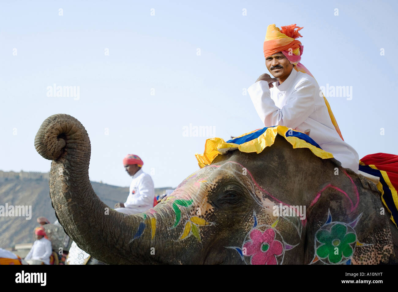 Porträt eines Mitte erwachsenen Mannes auf einem Elefanten, Elefant Festival, Jaipur, Rajasthan, Indien Stockfoto