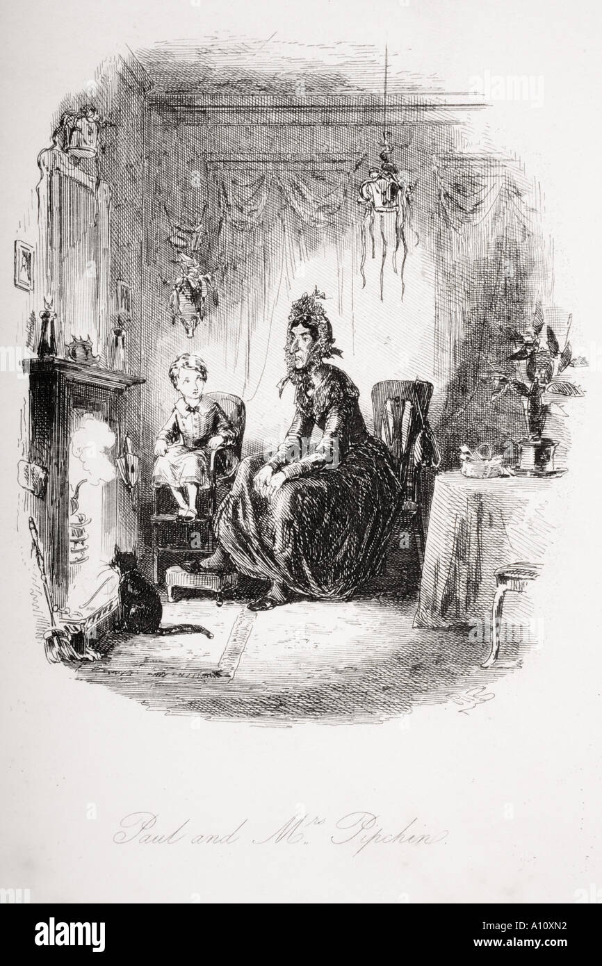 Paul und Frau Pipchin. Abbildung aus dem Charles Dickens Roman Dombey und Sohn von H K Browne bekannt als Phiz Stockfoto