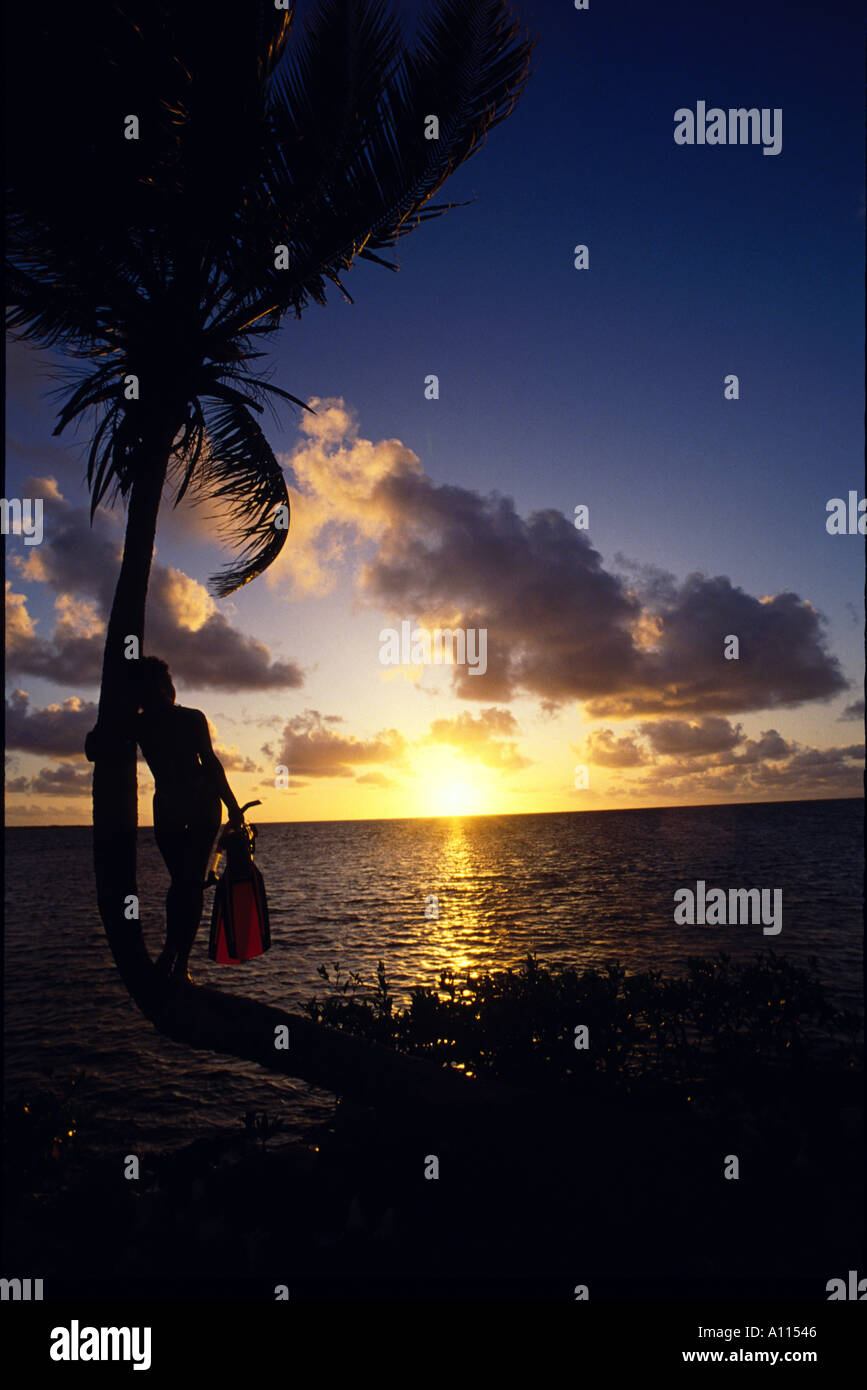 EIN JUNGES WEIBCHEN HALTEN, SCHNORCHELAUSRÜSTUNG IN DER WÖLBUNG DES EINEN PALM TREE, DA STEHT, DIE DIE SONNE ÜBER DEN WASSERN VON TURNEFFE Stockfoto