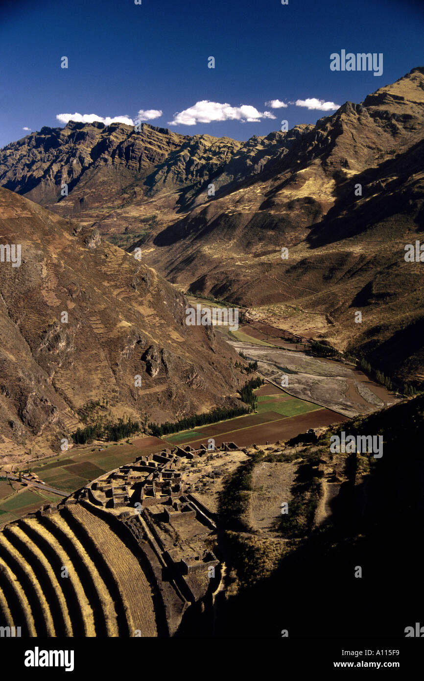 Inka Ruinen mit Terrassenfeldern Pisac Peru Stockfoto