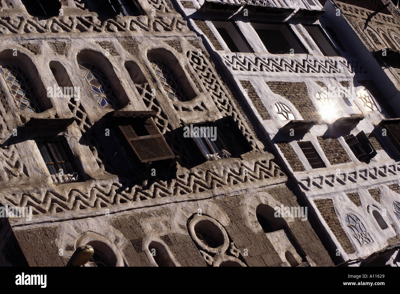 Intricate Gebäudefassaden Sana'a Nord-Jemen Stockfoto