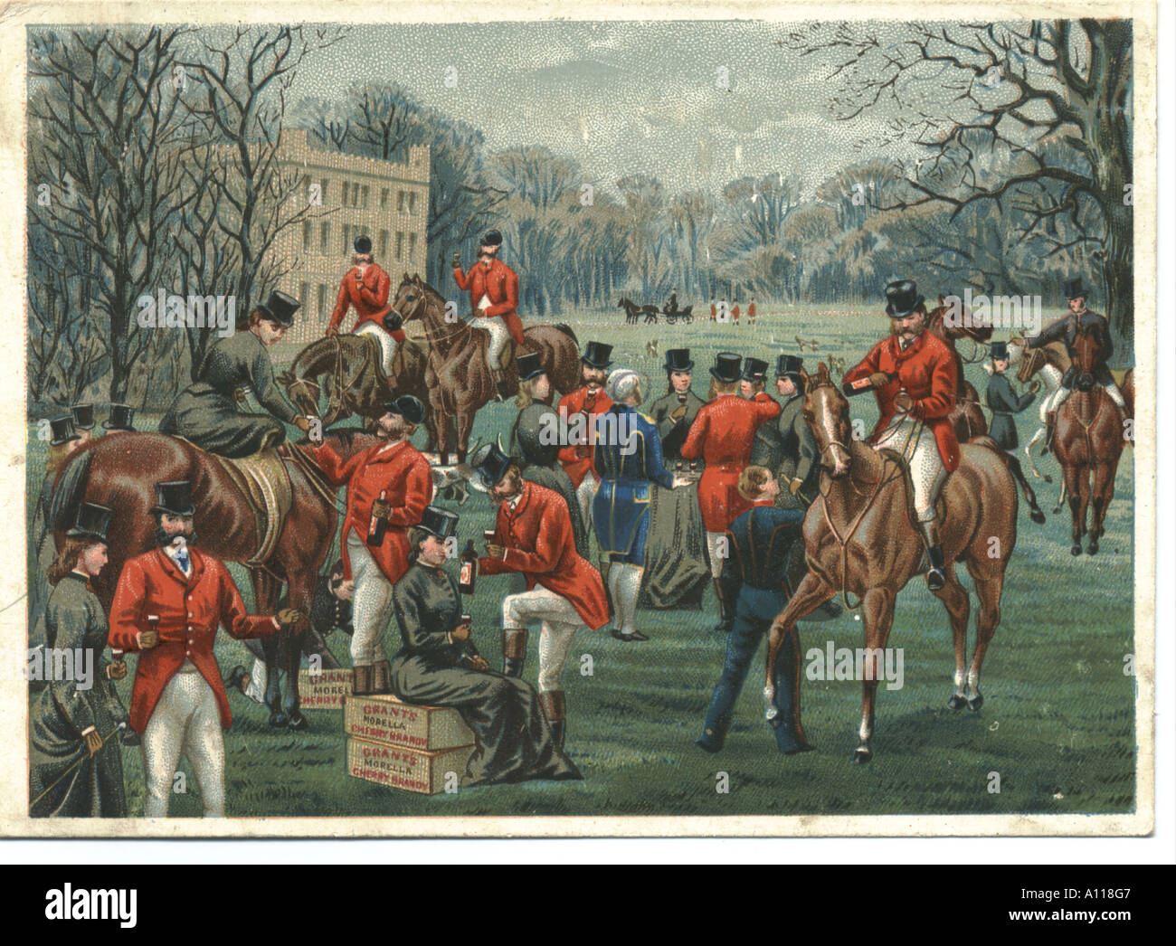 Fuchs-Jagd-treffen als Werbung für Grant es Cherry Brandy 1881 Stockfoto