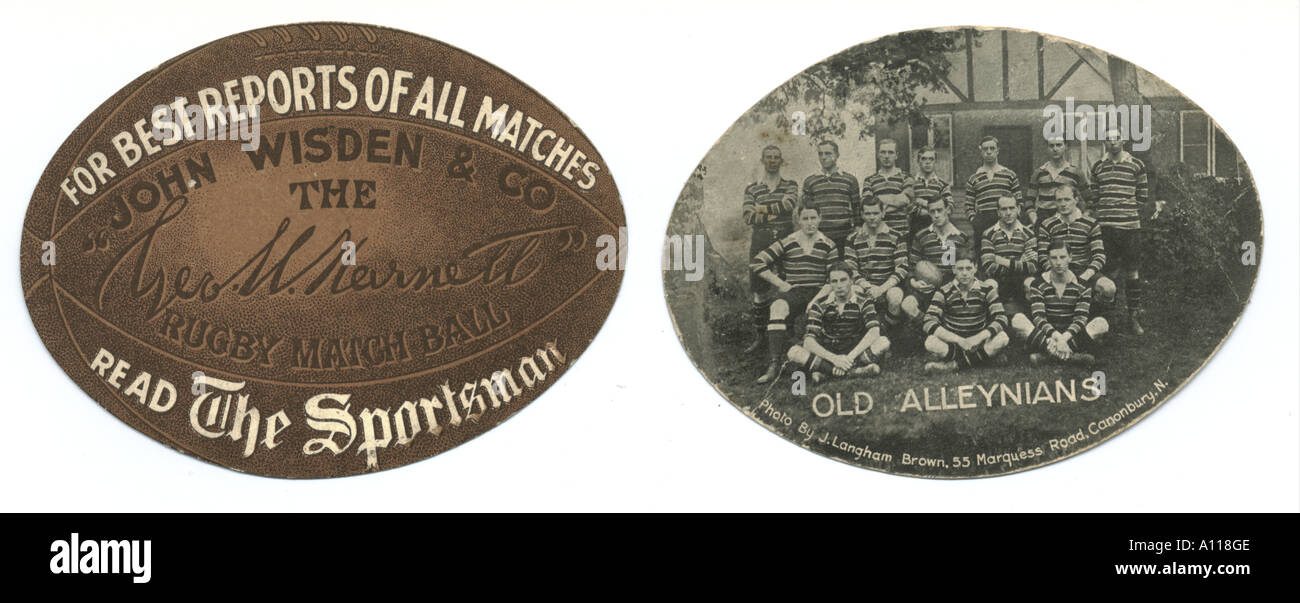 Rugby-Ball als Werbung für die Sportler und Verso Alter team Alleynians circa 1905 Stockfoto