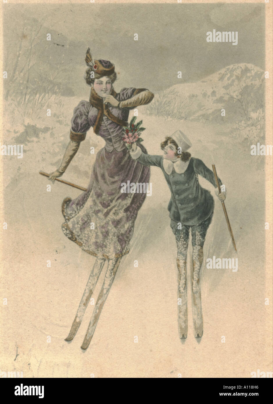 Ski-Mutter und Sohn circa 1905 Stockfoto