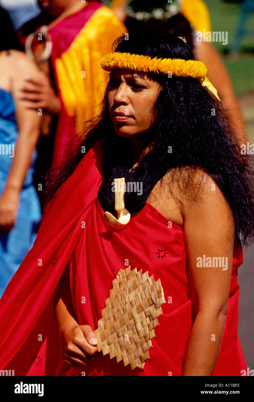 1, 1, hawaiische Frau, erwachsene Frau, halbe Länge, Porträt, Paniolo Parade, Aloha Festivals, Waimea, Hawaii Insel, Hawaii Stockfoto