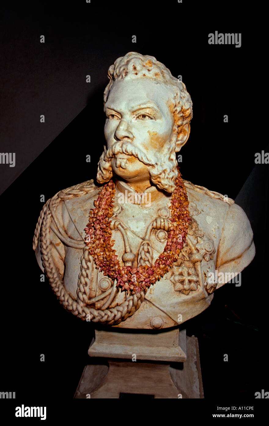 Büste von König David Kalakaua, König David Kalakaua, Hulihee Palast, jetzt ein Museum, Kailua-Kona, Kohala Coast, Hawaiis Big Island, Hawaii Stockfoto