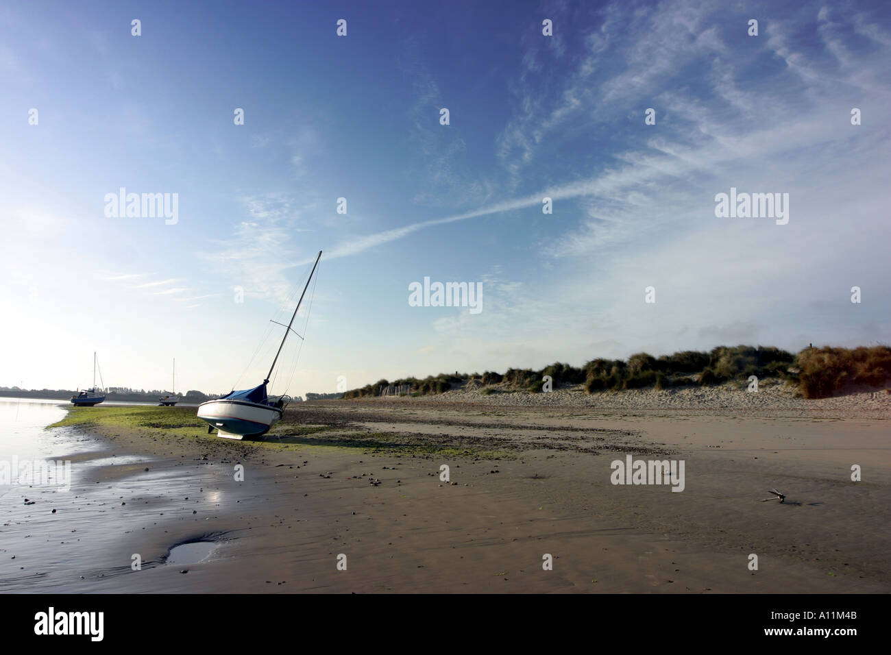 Strände Yacht, Easthead Strand, Chichester, West Sussex, Großbritannien Stockfoto