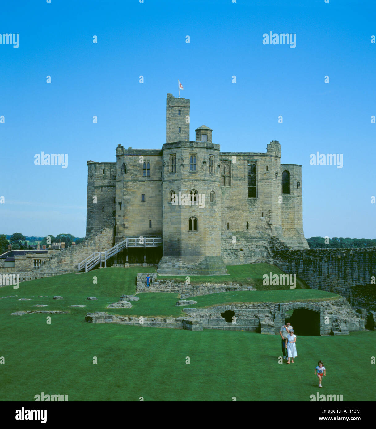 Der Bergfried, Warkworth Castle, Warkworth, Northumberland, England, Vereinigtes Königreich Stockfoto