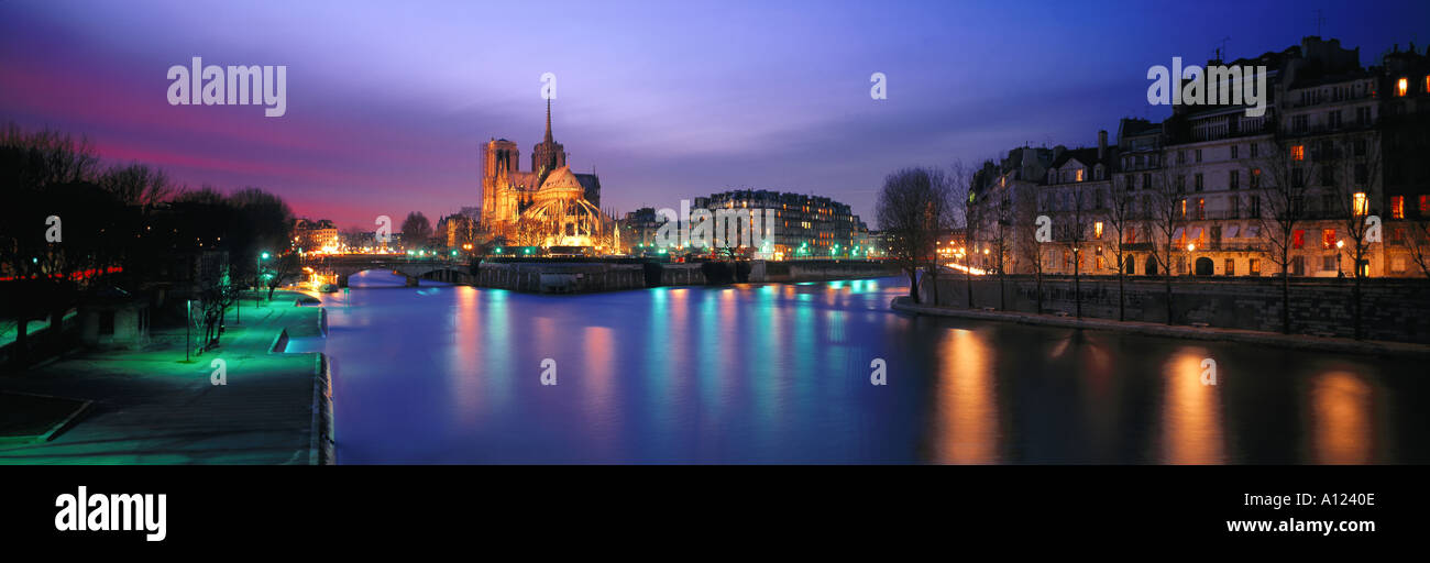 Kathedrale Notre Dame und der Isle De La Cite in der Nacht, Paris, Frankreich Stockfoto