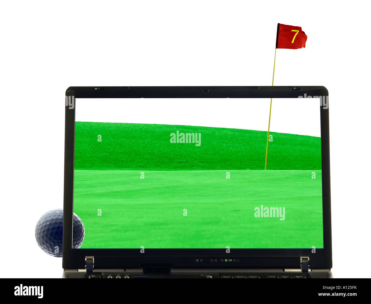 Golf-Illustration mit Putting Green, Flagstaff, Golfball und Laptop isoliert Stockfoto