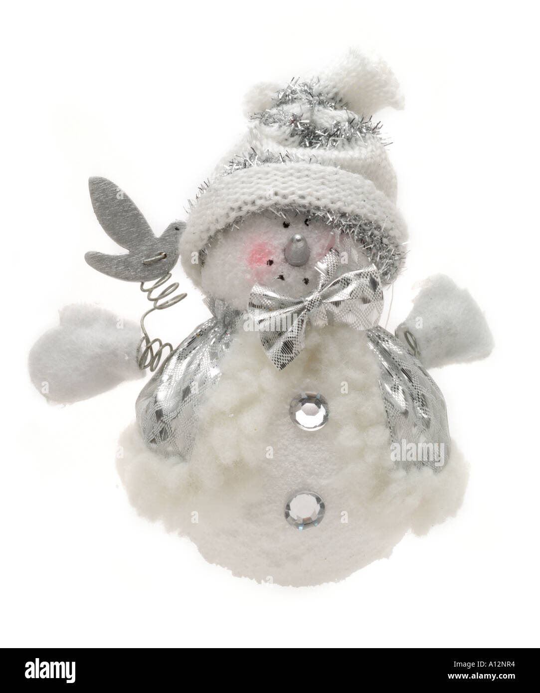 weiß wieder Boden Hintergrund ausschneiden Ausschnitt Exemplar Studio Schnee Mann Baum Glitzer Weihnachtskugel Silber metallische Hut Handschuh Watte Stockfoto