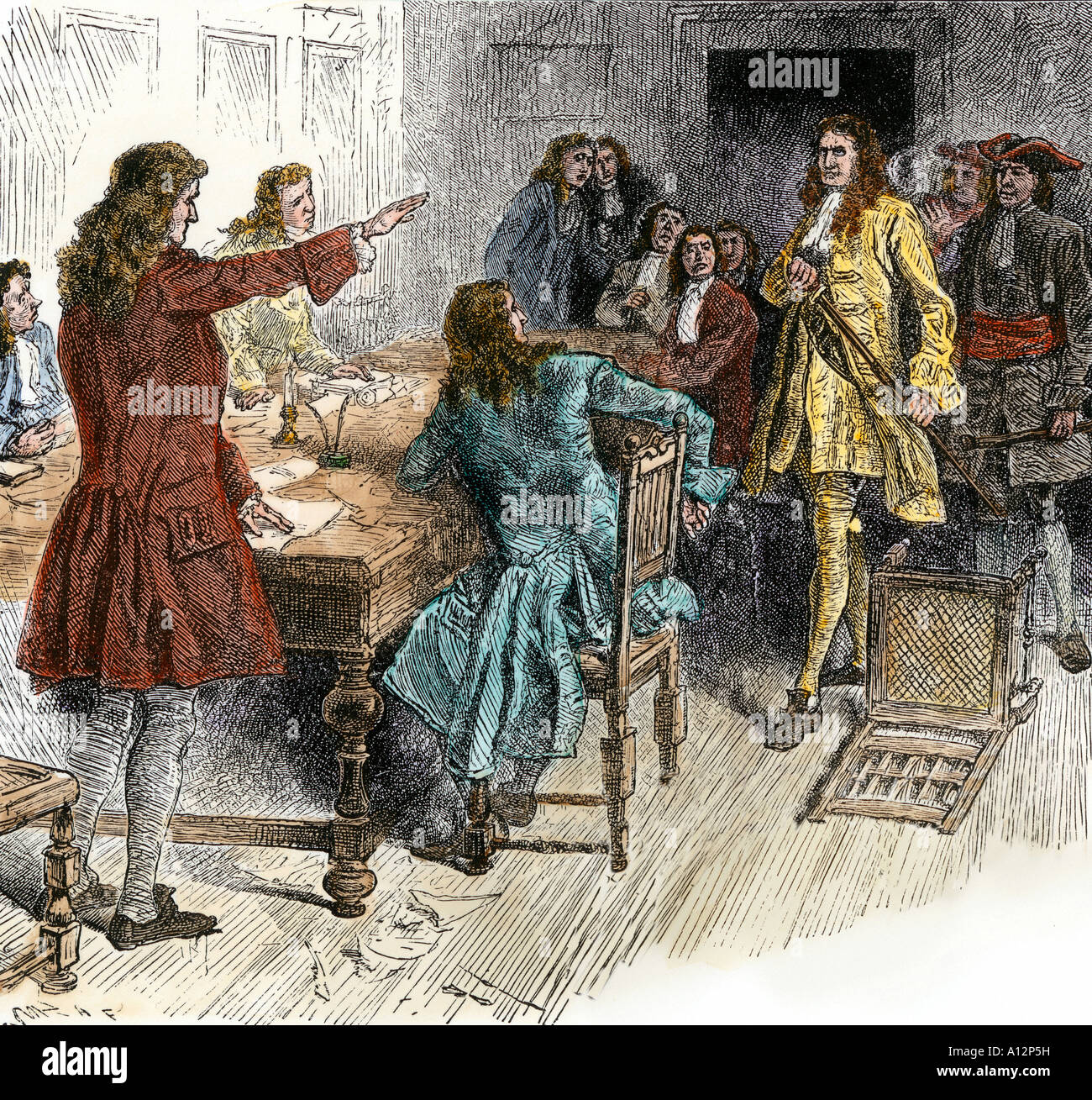Die kapitulation von Captain Kidd zu den Behörden in Neu-england für Piraterie 1699. Hand - farbige Holzschnitt Stockfoto