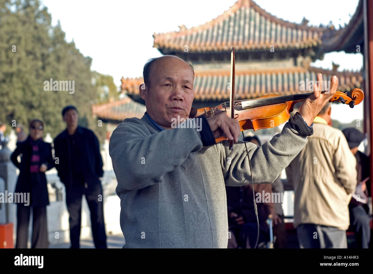 Einem älteren Mann spielt Geige im Beihai-Park, Peking, China. Stockfoto