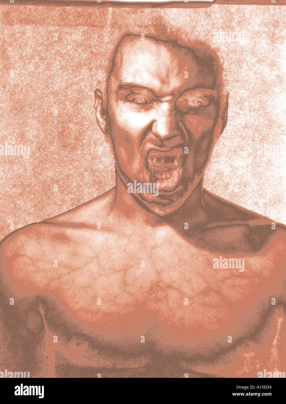 Digital solarisierte Büste eines Mannes schreien vor Wut. Stockfoto