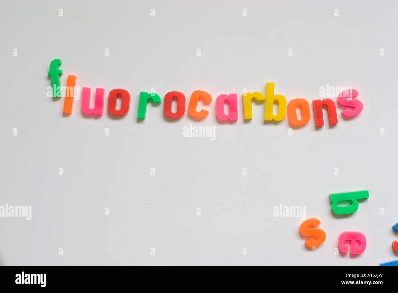 Geschrieben in Kühlschrank-Magnete auf Kühlschranktür Fluorkohlenwasserstoffe Stockfoto