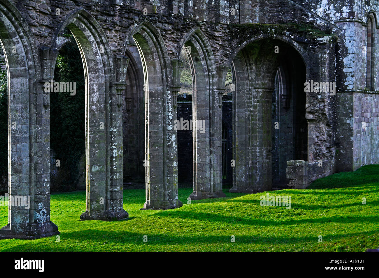 Die Überreste der Abtei aus dem 12. Jahrhundert Llanthony liegen eingebettet in Vale Ewyas in den schwarzen Bergen von Powys, Wales, UK Stockfoto