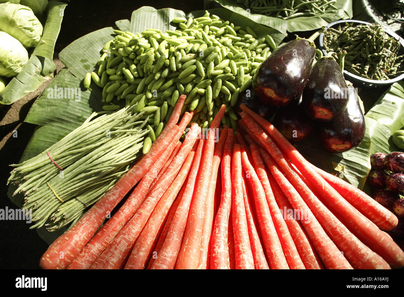 RSC101952 frische Gemüse Karotten Aubergine Bohnen Bombay Mumbai Maharashtra, Indien Stockfoto