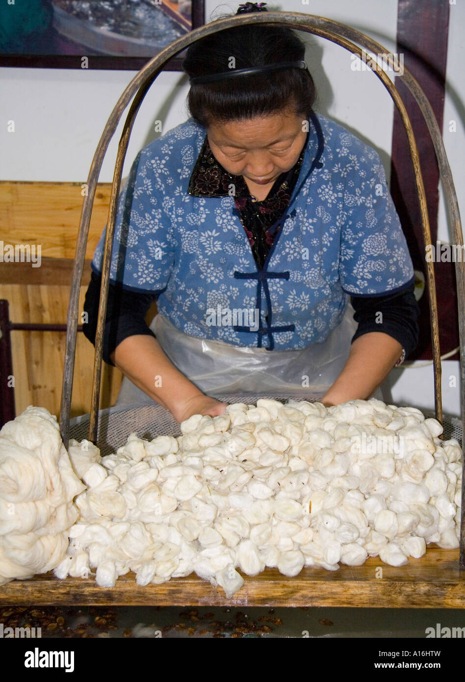 Die Verarbeitung von Seide Cocoon zu Seidenfaden zur Herstellung von Seide, Chengdu, China Stockfoto