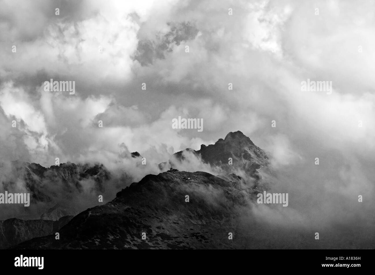 Kasprowy Wierch und Owinica Gipfel in Wolken 2, Tatra-Gebirge, polnisch-slowakischen Grenze, Europa Stockfoto