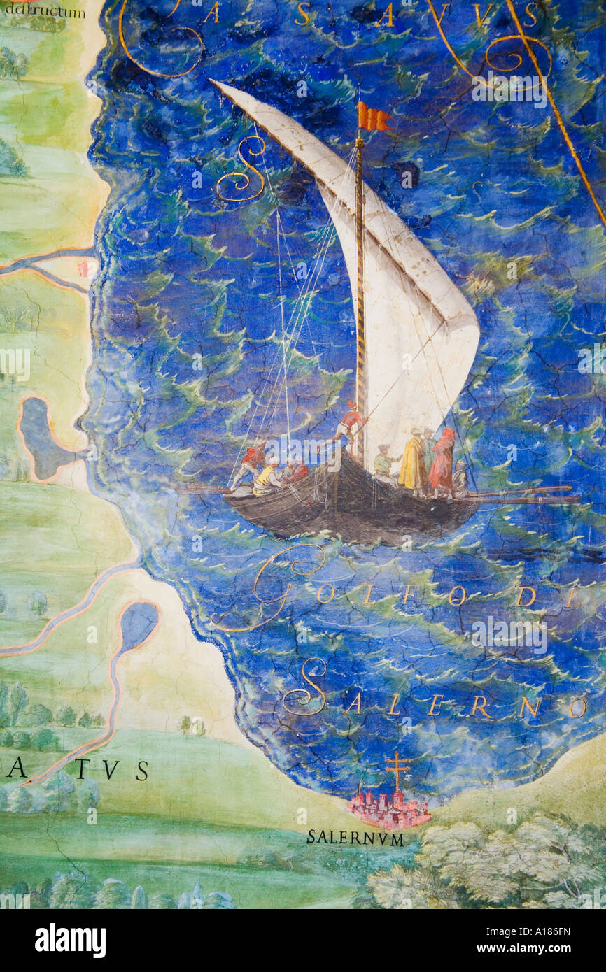 Detail der Antike Landkarte von Lucania Malerei im Vatikanischen Museum 'Raum der Karten"von Ignazio Danti (1536-1586) Vatikan Rom Italien Stockfoto