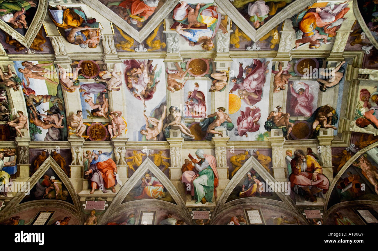 Sixtinische Kapelle Deckenfresken von Michelangelo Vatikan Museum Rom Italien Europa EU Stockfoto