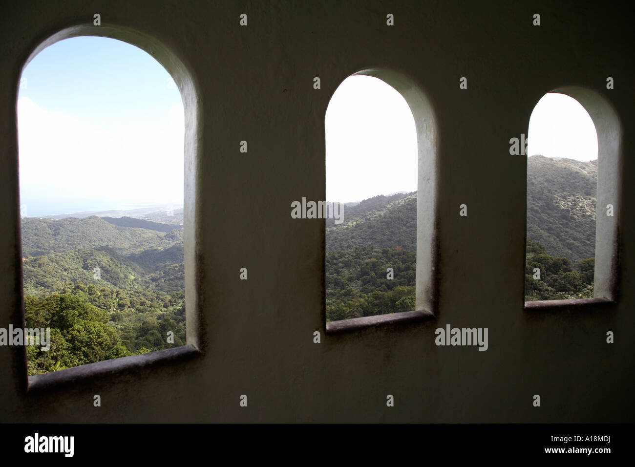 Blick durch die Fenster innerhalb der Yokahu-Turm El Yunque Regenwald Puerto Rico West indies Stockfoto