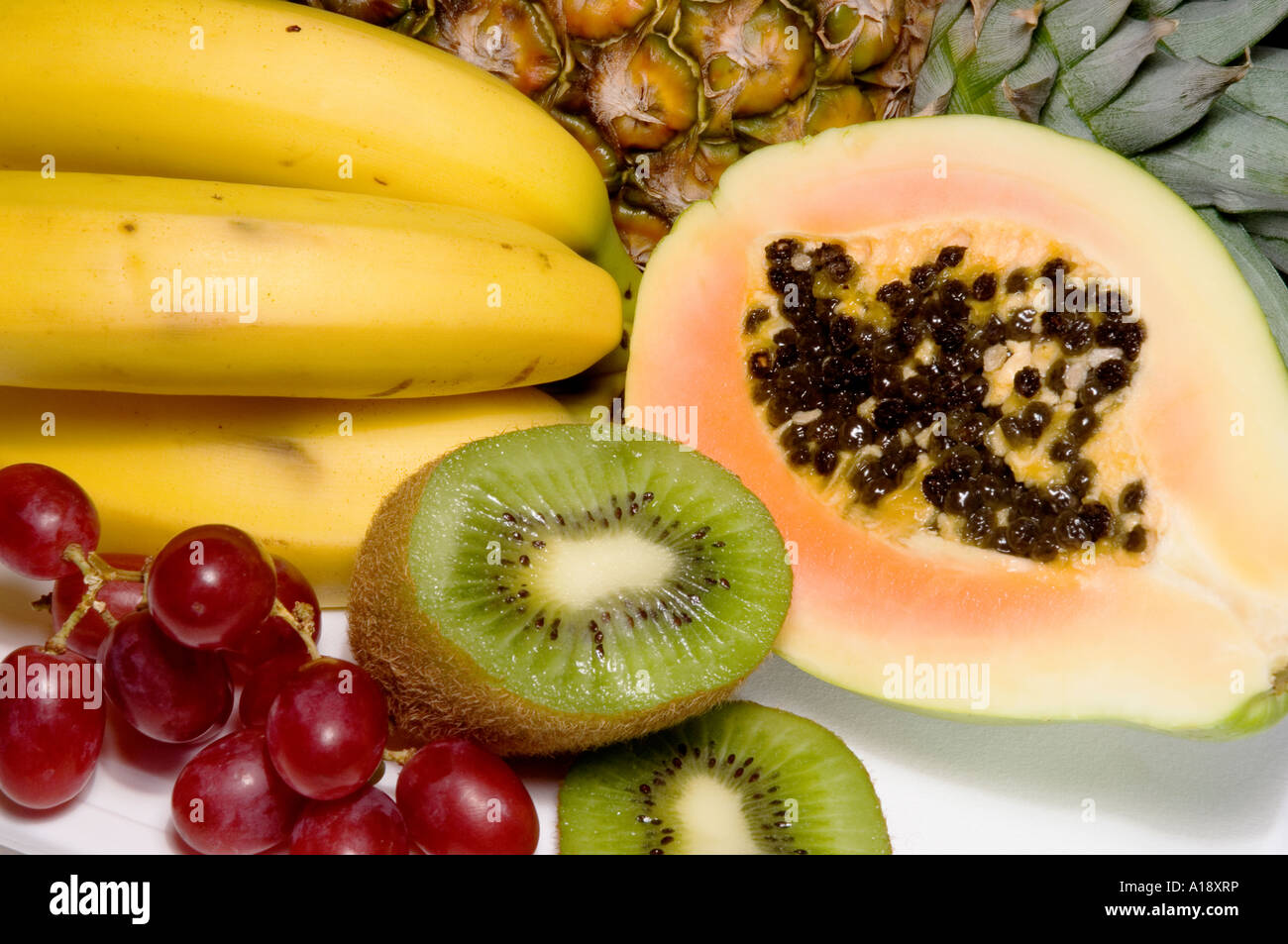 Nahaufnahme der Auswahl an frischen Früchten Stockfoto