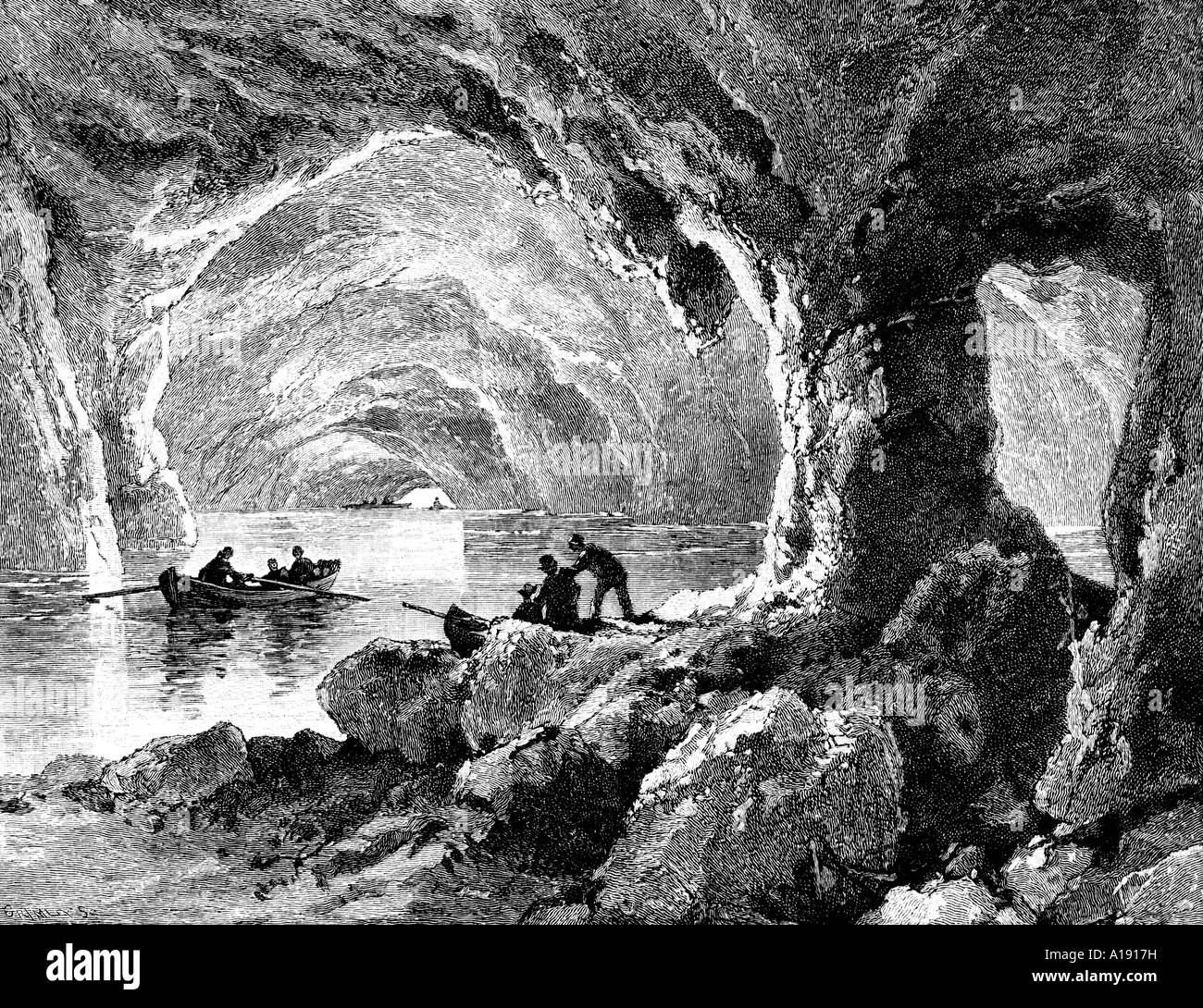 Eine Gravur der blauen Grotte von Capri im Mittelmeer entlang der italienischen Küste Stockfoto
