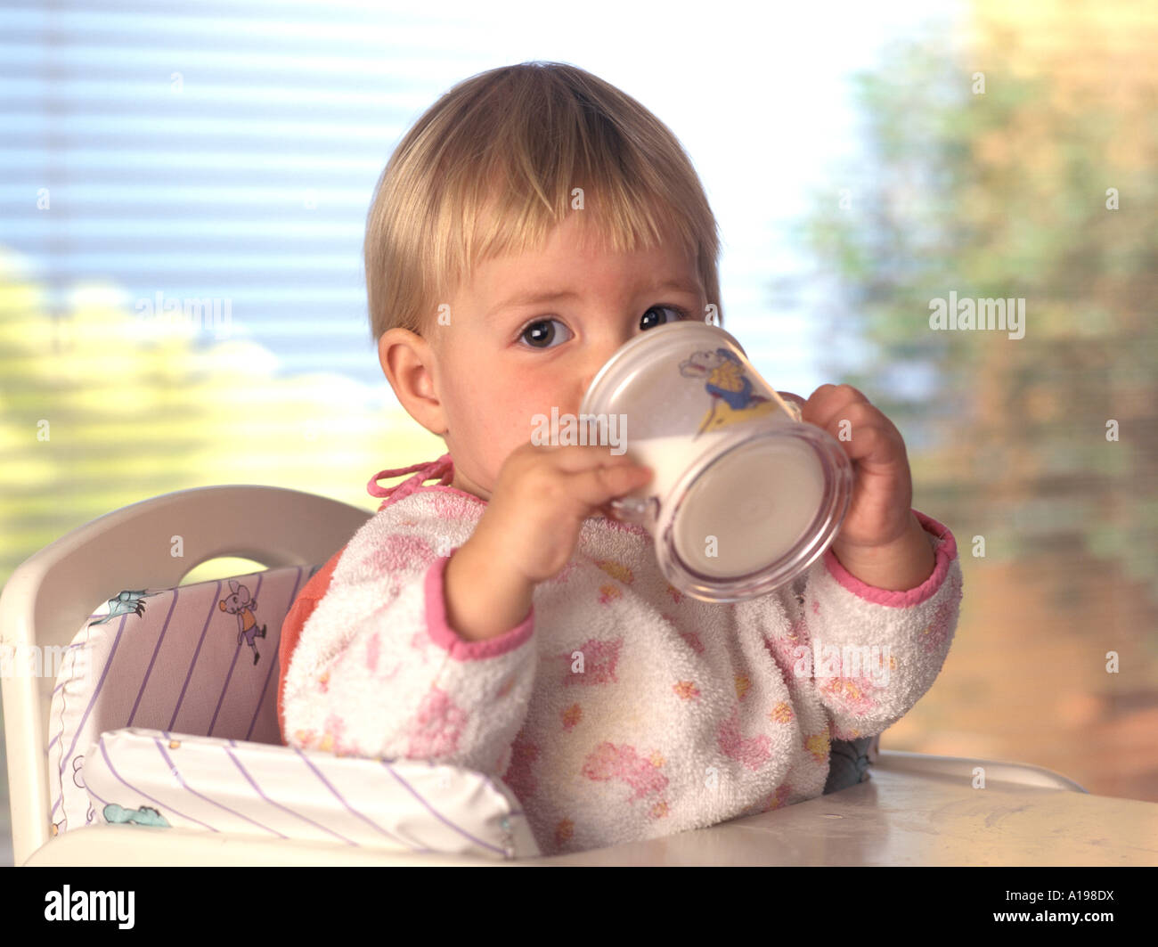 Kleines Mädchen Trinkmilch alleine Stockfoto