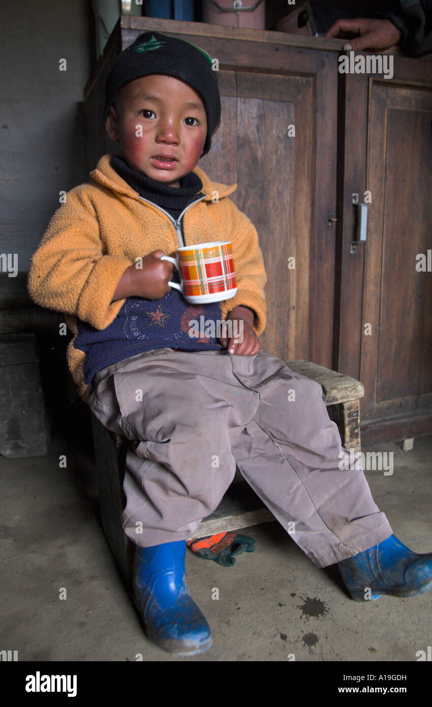 Indien West Bengal Himalaya Bereich Darjeeling Gebiet Singalila Trek in der Nähe von Sandakphu junges Kind mit Hut sitzt in seinem Haus und hol Stockfoto