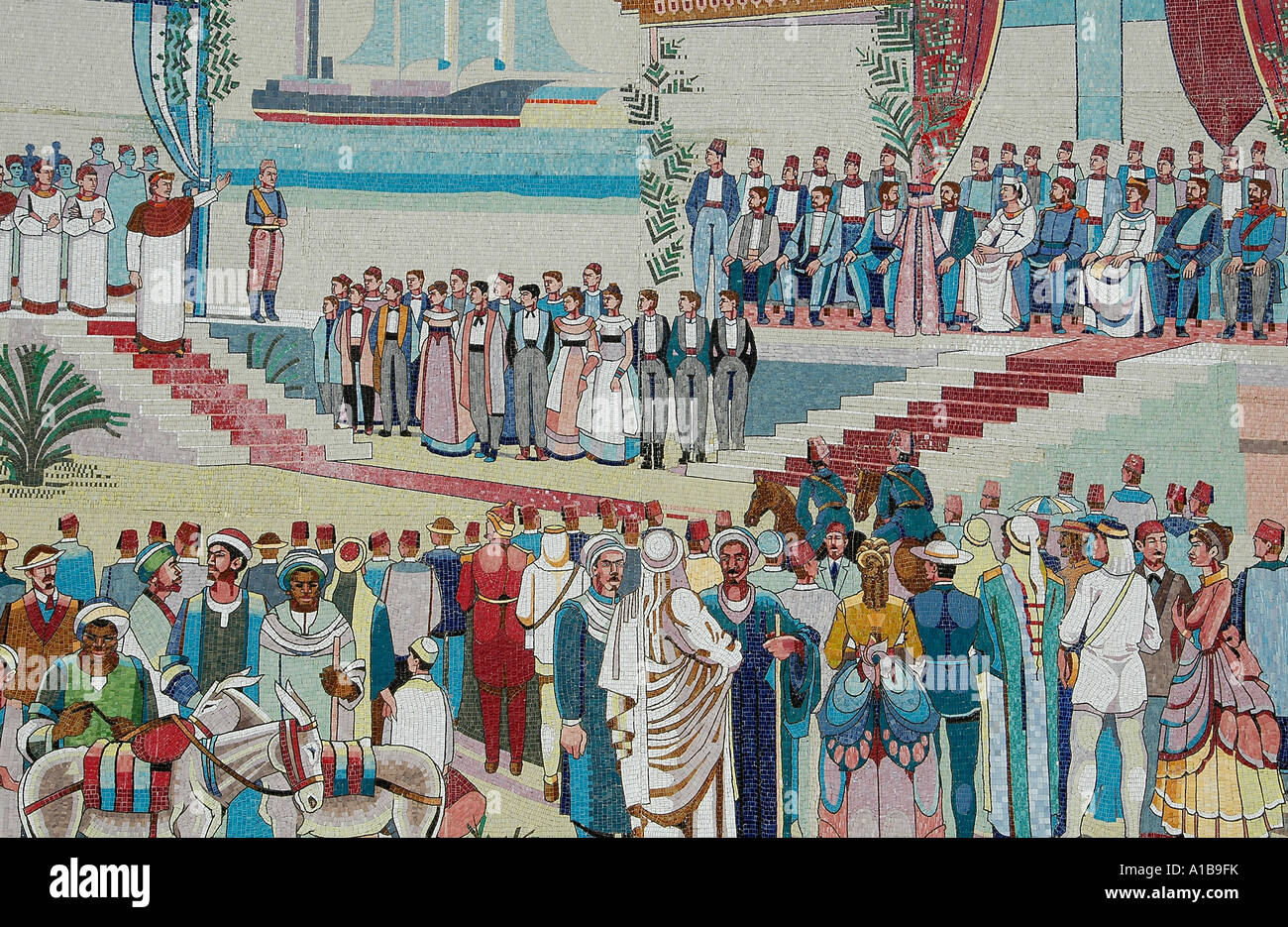 Mosaikfliesen Panel in der Stadt von Ismailia Darstellung der historischen Suezkanal Eröffnung am 17. November 1869, Ägypten Stockfoto