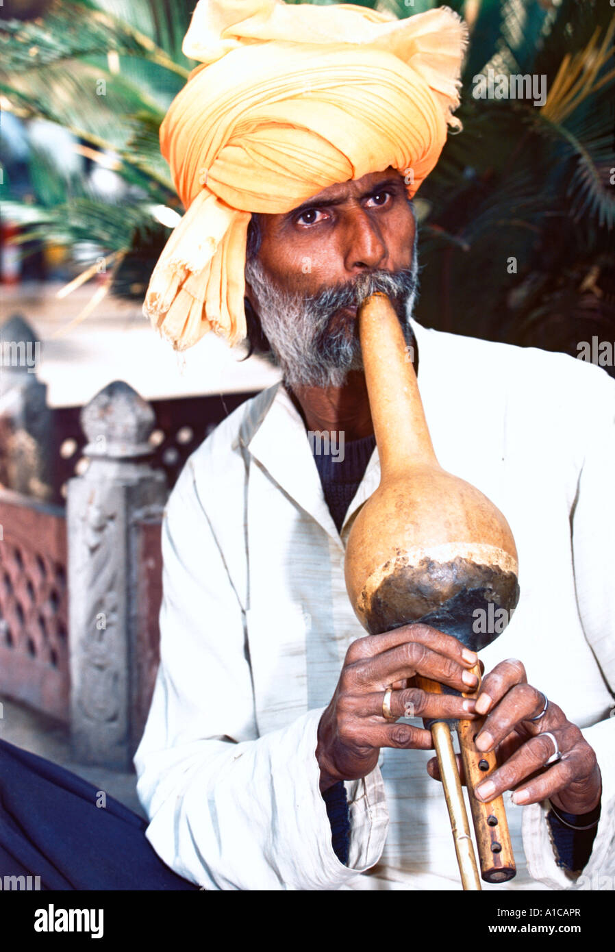 Indischer Schlangenbeschwörer-eine stereotype Touristenattraktion auf indischen Straßen. Delhi, Indien Stockfoto