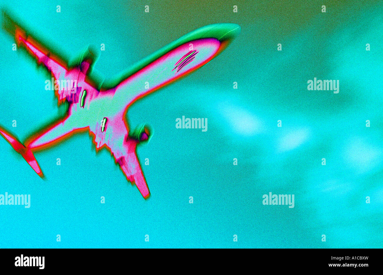 Fliegen Sie hoch Flugzeug Flugzeug Himmel Symbol Unschärfe-Effekt Stockfoto
