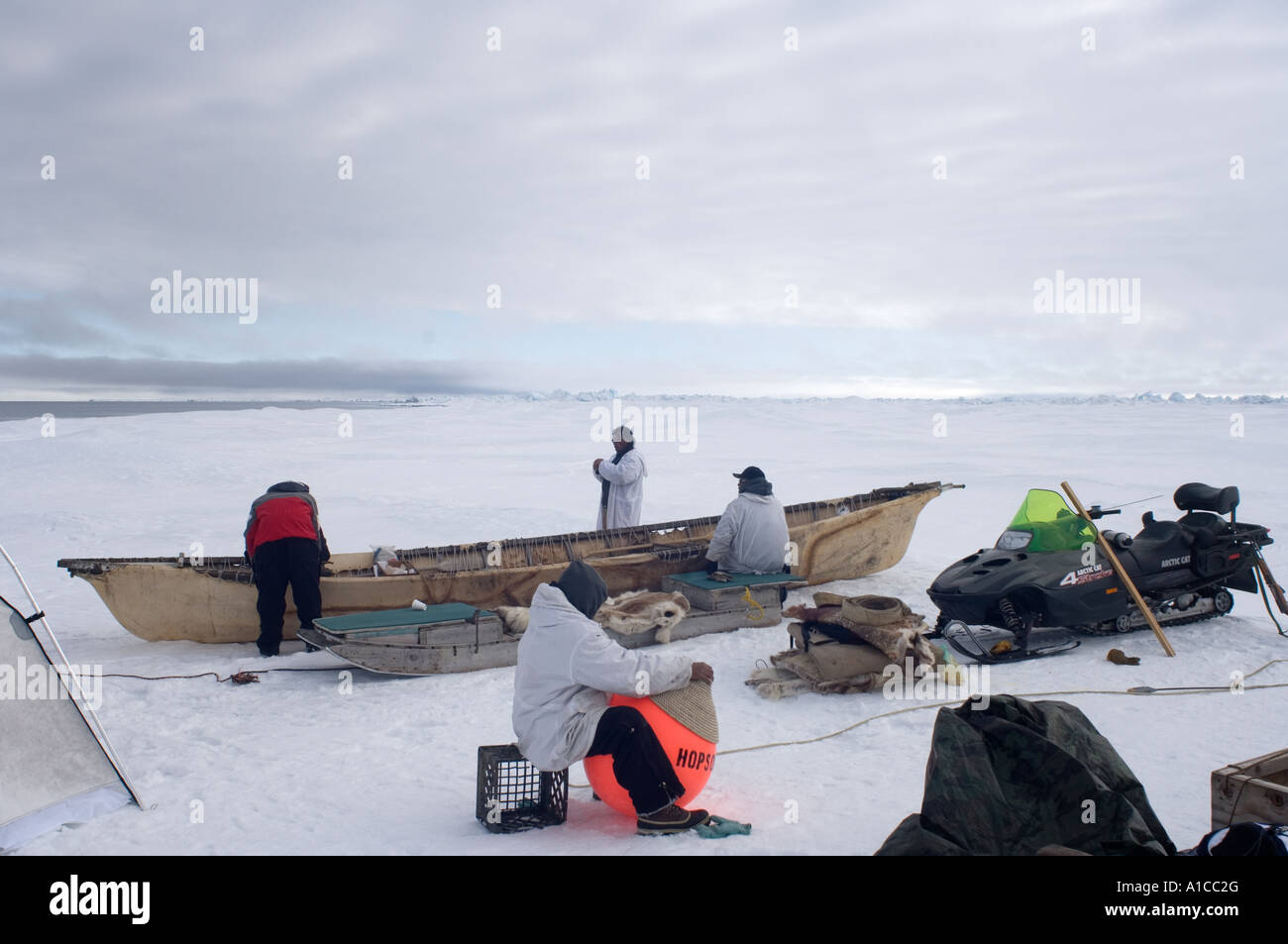 inupiat Walfang Crew sitzt auf einer großen Pfanne flachem Eis und bereitet sich auf eine Waljagd in der Chukchi Sea vor Point Barrow Arctic Alaska vor Stockfoto